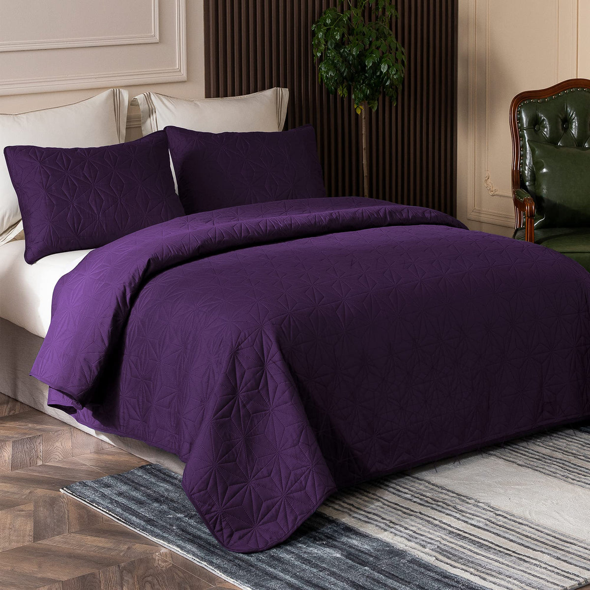 Whale Flotilla Microfiber King Size (96x104 inches) Quilt Set Lightweight Quilted Bedspreads Coverlets Set with Stars Pattern, Purple, 3 Piece (1 Quilt, 2 Shams)