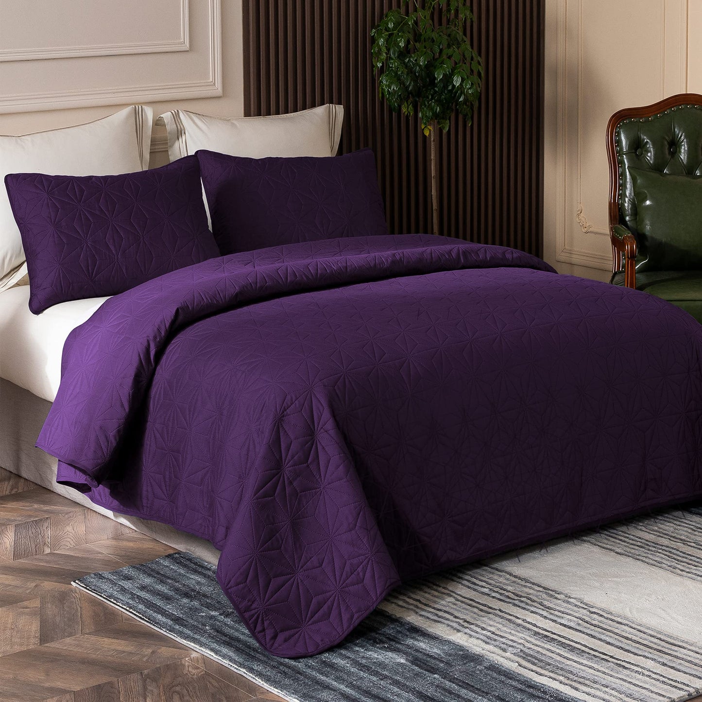 Whale Flotilla Microfiber Twin Size (68x88 inches) Quilt Set Lightweight Quilted Bedspreads Coverlets Set with Stars Pattern, Purple, 2 Piece (1 Quilt, 1 Sham)