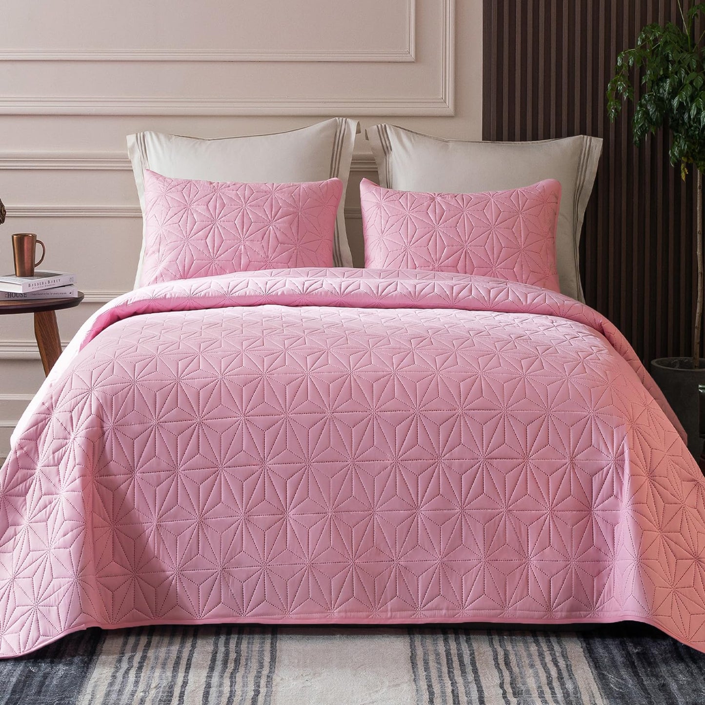 Whale Flotilla Microfiber Twin Size (68x88 inches) Quilt Set Lightweight Quilted Bedspreads Coverlets Set with Stars Pattern, Pink, 2 Piece (1 Quilt, 1 Sham)