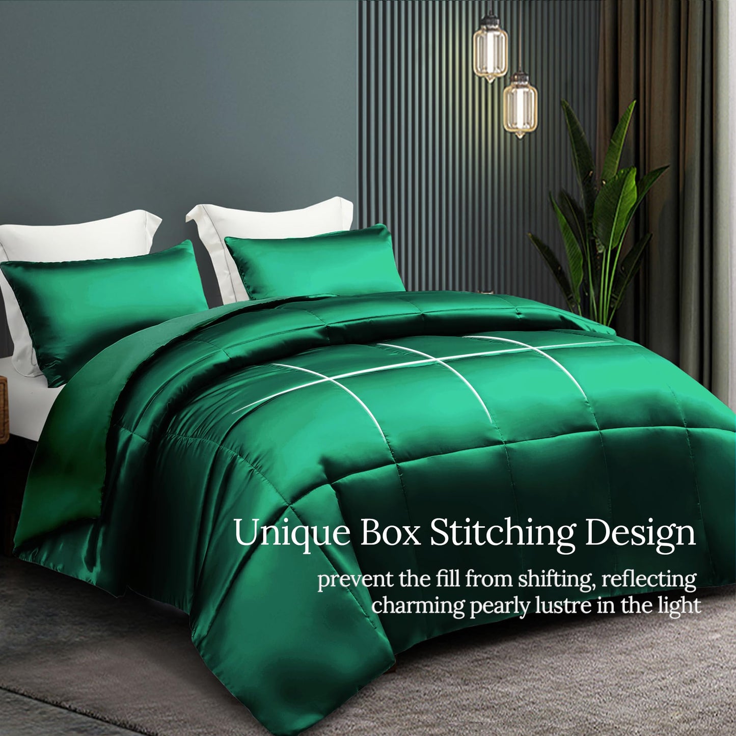 Whale Flotilla 3-Piece Reversible King Size Silk Comforter Set/Bedding Set, Soft Satin Comforter with 2 Satin Pillowcases, Lightweight Duvet Set for All Seasons, Deep Green
