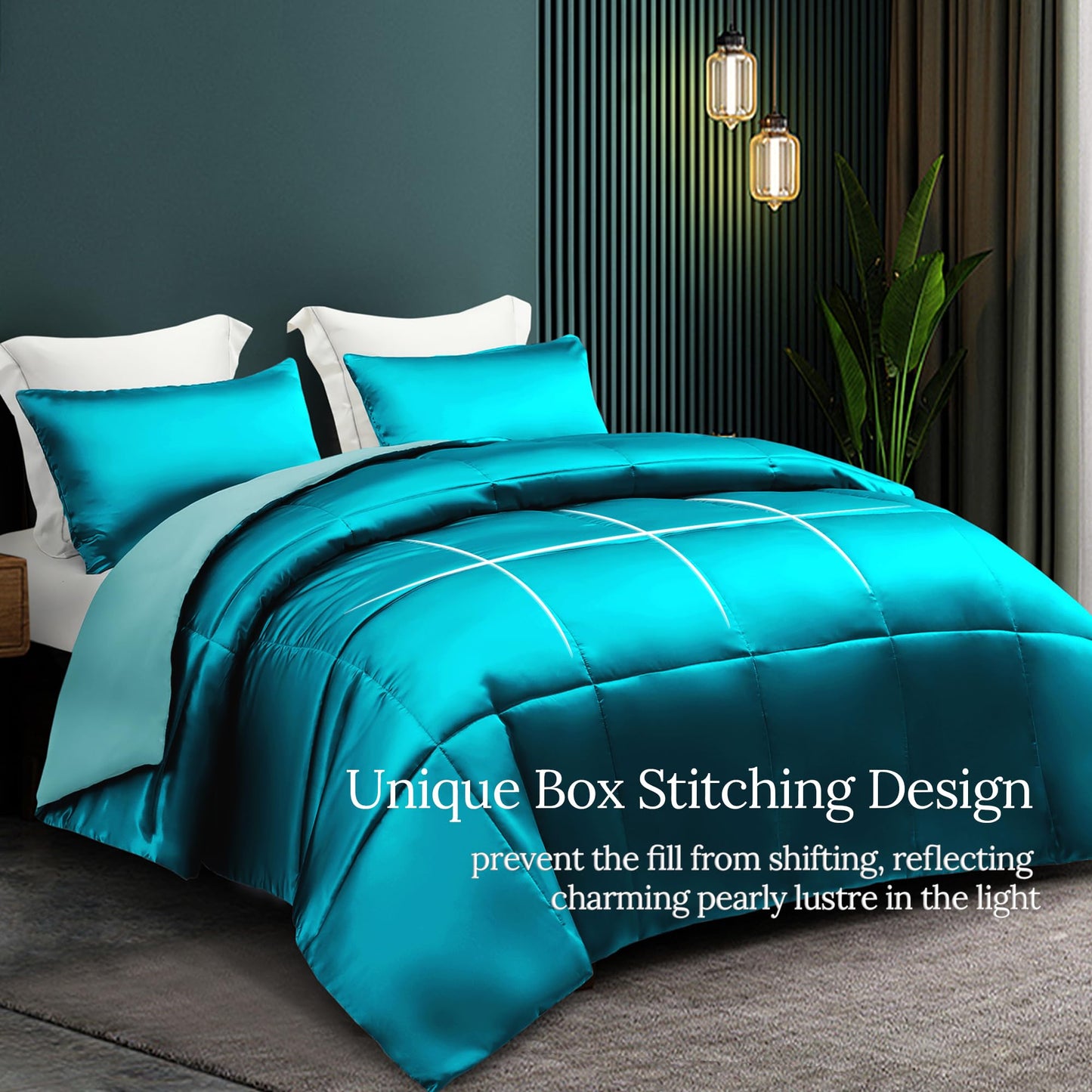 Whale Flotilla 3-Piece Reversible King Size Comforter Set/ Bedding Set, Soft Satin Comforter with 2 Satin Pillowcases, Lightweight Duvet Set for All Seasons, Turquoise