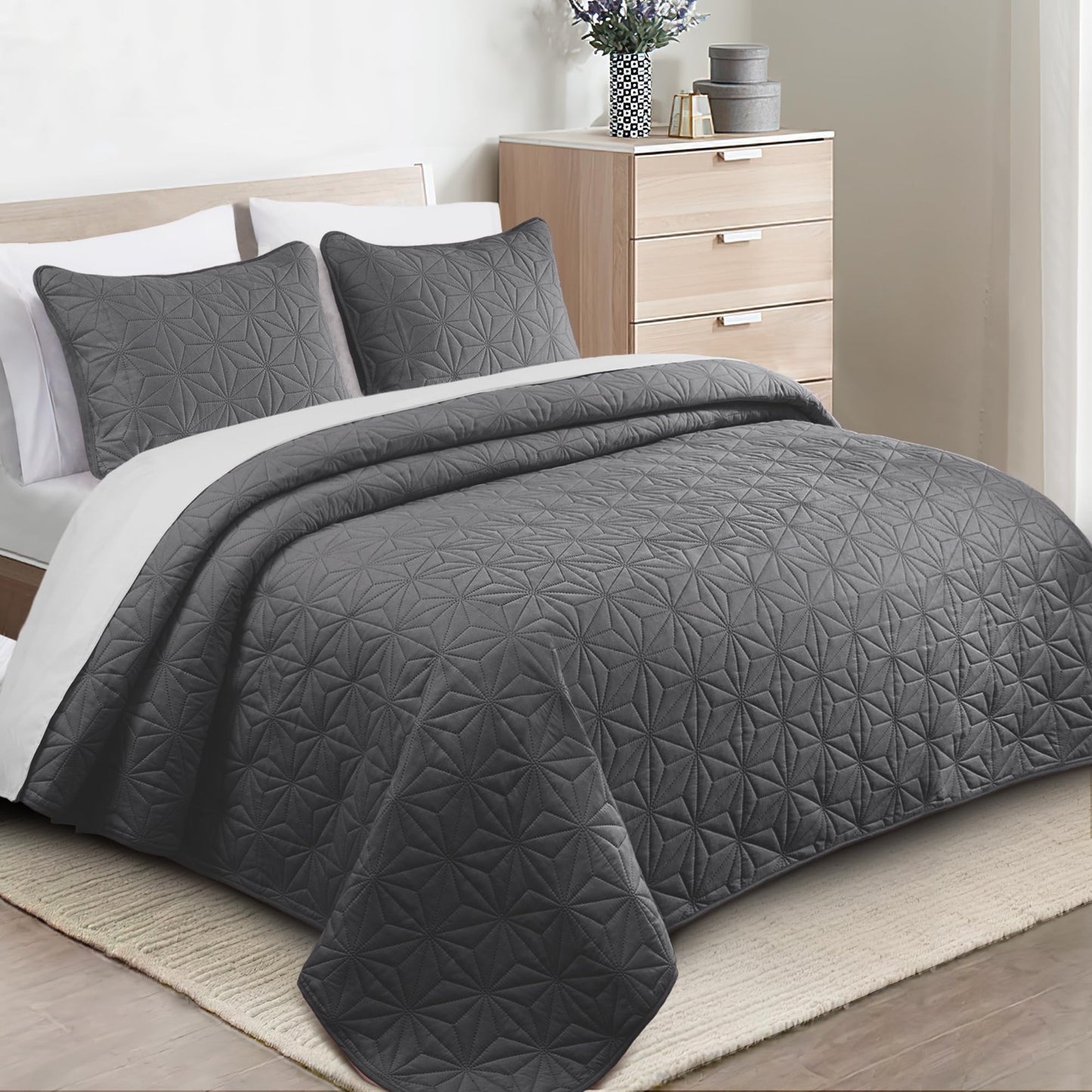 Whale Flotilla Microfiber Queen Size (96x90 inches) Quilt Set Lightweight Quilted Bedspreads Coverlets Set with Stars Pattern, Grey, 3 Piece (1 Quilt, 2 Shams)