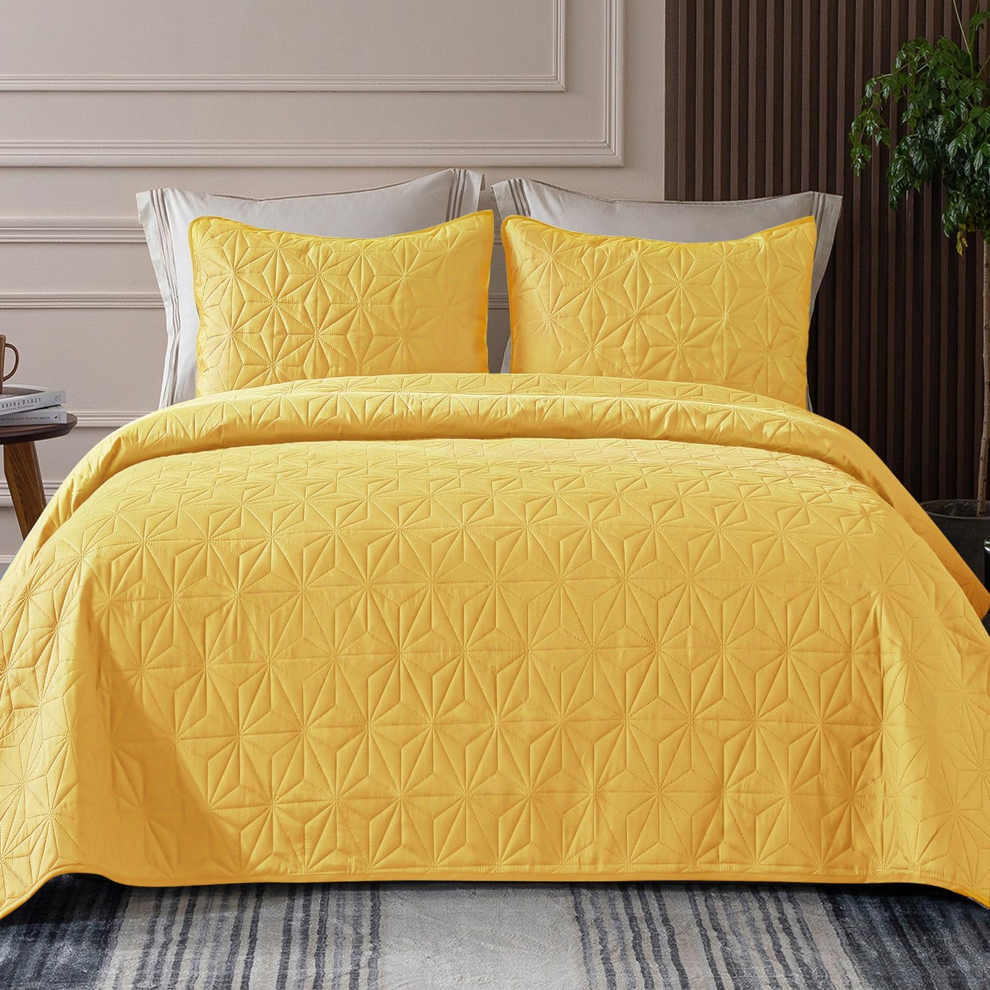 Whale Flotilla Microfiber Queen Size (96x90 inches) Quilt Set Lightweight Quilted Bedspreads Coverlets Set with Stars Pattern, Yellow, 3 Piece (1 Quilt, 2 Shams)