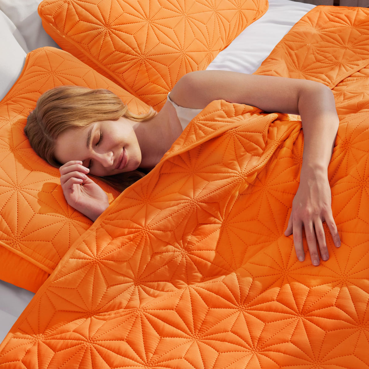 Whale Flotilla Microfiber Queen Size (96x90 inches) Quilt Set Lightweight Quilted Bedspreads Coverlets Set with Stars Pattern, Orange, 3 Piece (1 Quilt, 2 Shams)