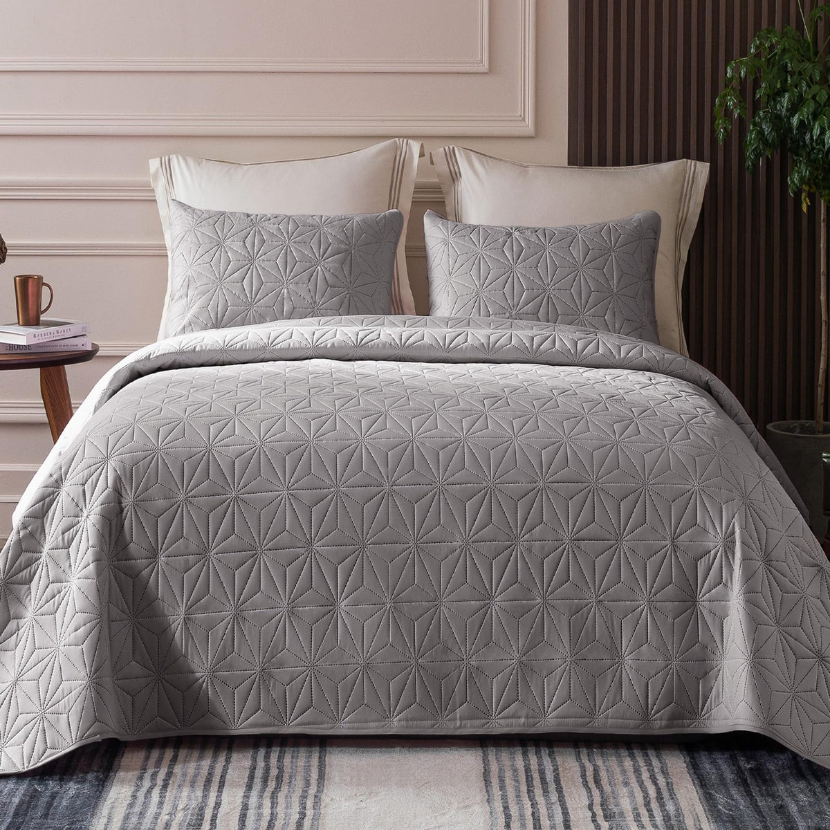 Whale Flotilla Microfiber Twin Size (68x88 inches) Quilt Set Lightweight Quilted Bedspreads Coverlets Set with Stars Pattern, Light Grey, 2 Piece (1 Quilt, 1 Sham)