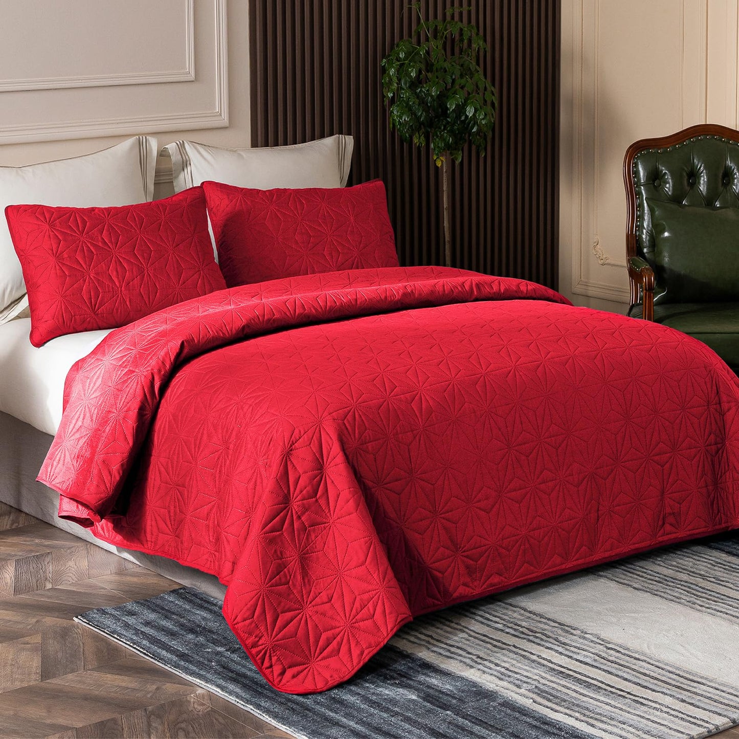 Whale Flotilla Microfiber Twin Size (68x88 inches) Quilt Set Lightweight Quilted Bedspreads Coverlets Set with Stars Pattern, Red, 2 Piece (1 Quilt, 1 Sham)