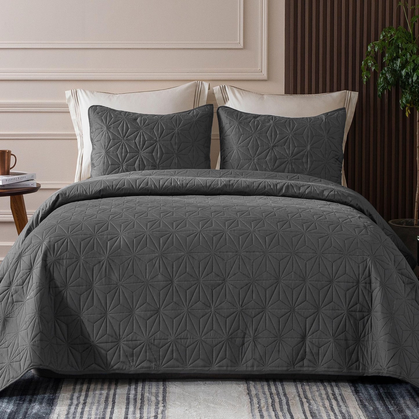 Whale Flotilla Microfiber Queen Size (96x90 inches) Quilt Set Lightweight Quilted Bedspreads Coverlets Set with Stars Pattern, Grey, 3 Piece (1 Quilt, 2 Shams)