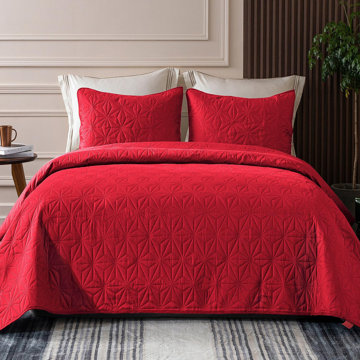 Whale Flotilla Microfiber King Size (96x104 inches) Quilt Set Lightweight Quilted Bedspreads Coverlets Set with Stars Pattern, Red, 3 Piece (1 Quilt, 2 Shams)
