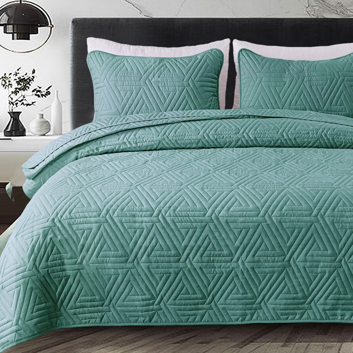Whale Flotilla Soft King Size Quilt Set for All Seasons, 3-Piece Ultrasonic Geometric Quilts Bedding Set, Lightweight Reversible Bedspread, Coverlet, Bed Cover with 2 Pillow Shams, Turquoise Green