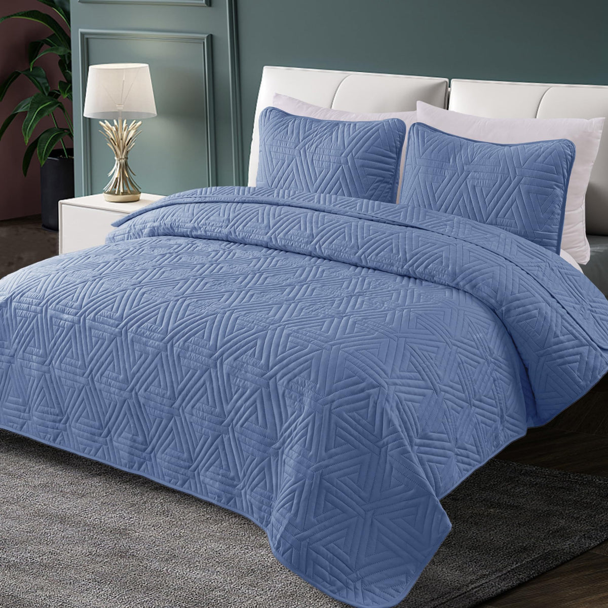 Whale Flotilla Soft Twin Size Quilt Set for All Seasons, 2-Piece Ultrasonic Geometric Quilts Bedding Set, Lightweight Reversible Bedspread, Coverlet, Bed Cover with Pillow Sham, Bluish Grey