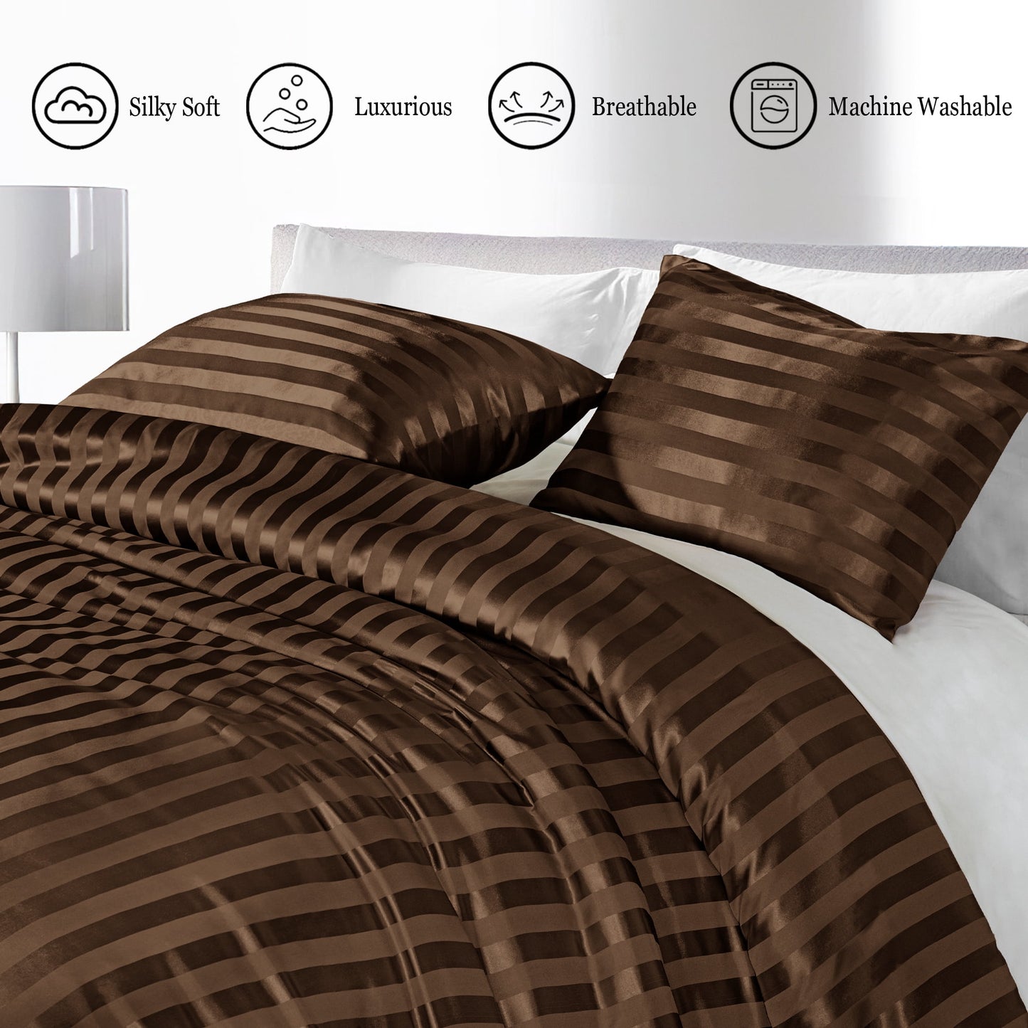 Whale Flotilla Twin Comforter Set 2-Piece Brown Satin Stripe Bedding, Lightweight All-Season Reversible Soft Bedding Set with 1 Pillowcase