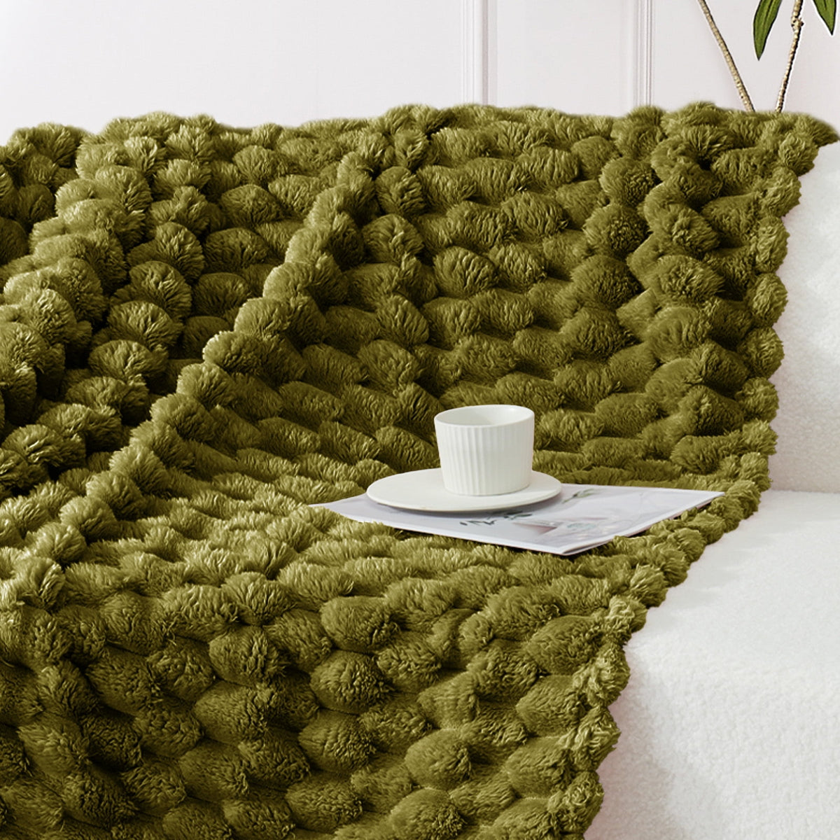 Whale Flotilla 50"x60" Throw Blanket for Couch with Expanded 3D-Jacquard Pattern, Fuzzy Soft Cozy Exquisite Blankets or All Season, Warm and Fluffy, Olive