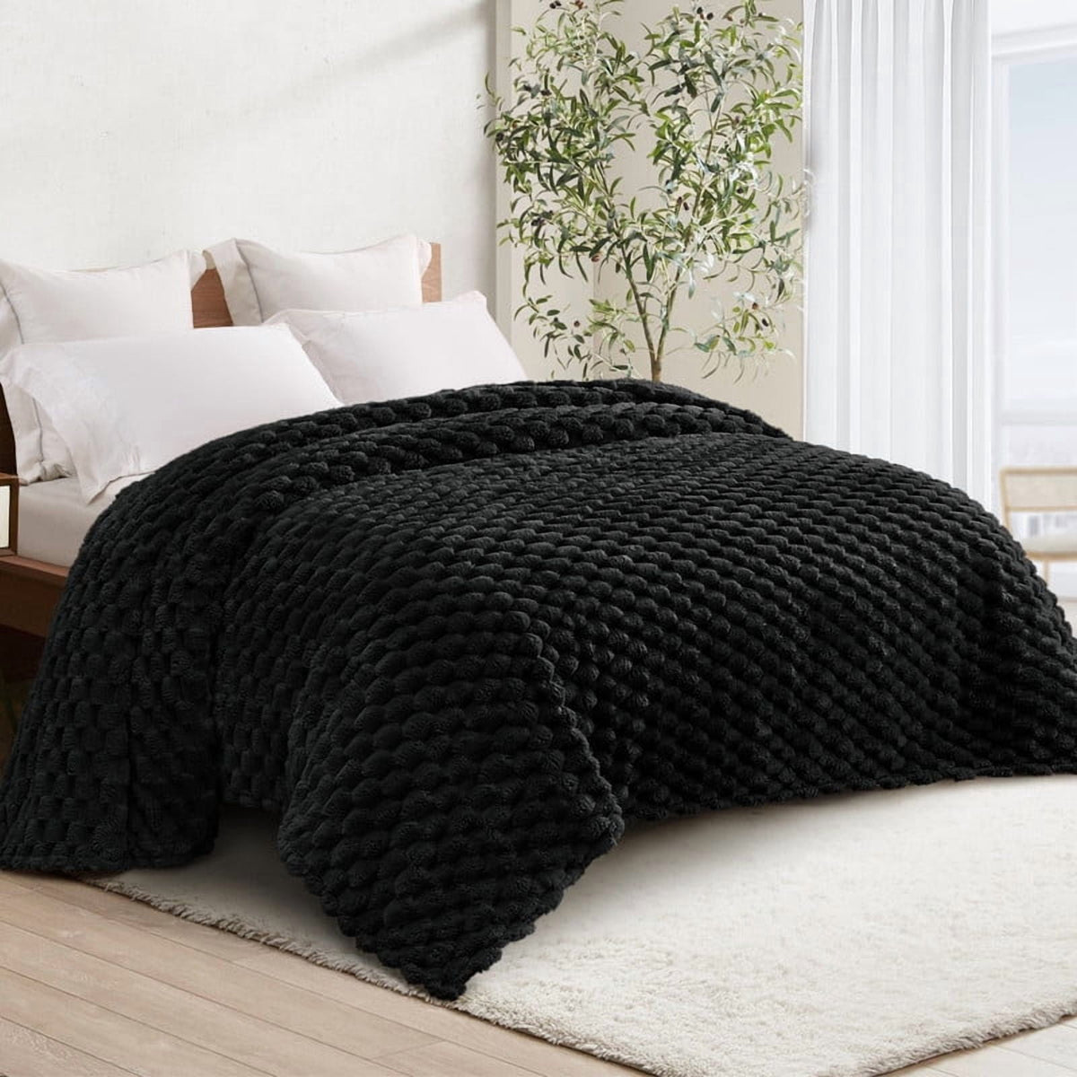 Whale Flotilla 90"x 104" King Size Blanket for Bed with Expanded 3D-Jacquard Pattern, Fuzzy Soft Cozy Exquisite Blankets or All Season, Warm and Fluffy, Black