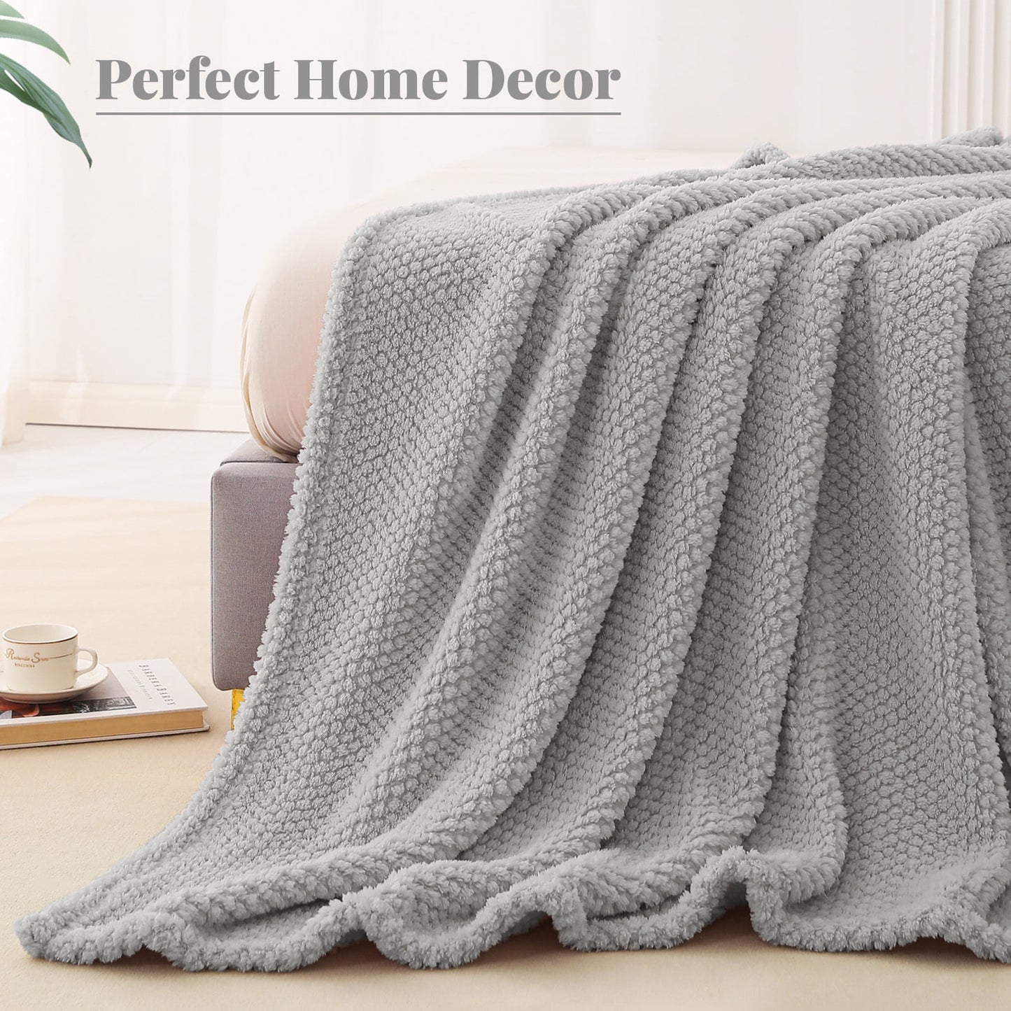 Whale Flotilla Twin Size Fuzzy Fleece Blanket, 60"x80" Fluffy Warm Soft Jacquard Bed Blankets for Fall Winter, Lightweight and Cozy, Light Grey