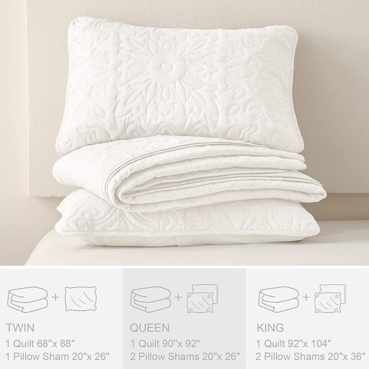 Whale Flotilla 3-Piece Queen Quilt Set, Soft Embossed Bedding Set, Lightweight Bedspread Coverlet with Damask Vintage Pattern, Reversible Bed Cover for All Seasons, White