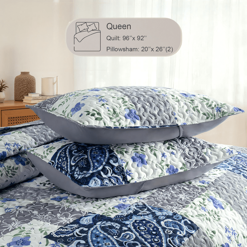Whale Flotilla Reversible Patchwork Quilts Queen Size, Lightweight Boho Printed Bedspreads Coverlets Full Size Quilt Bedding Set with 2 Pillow Shams for All Seasons, Paisley Flowers