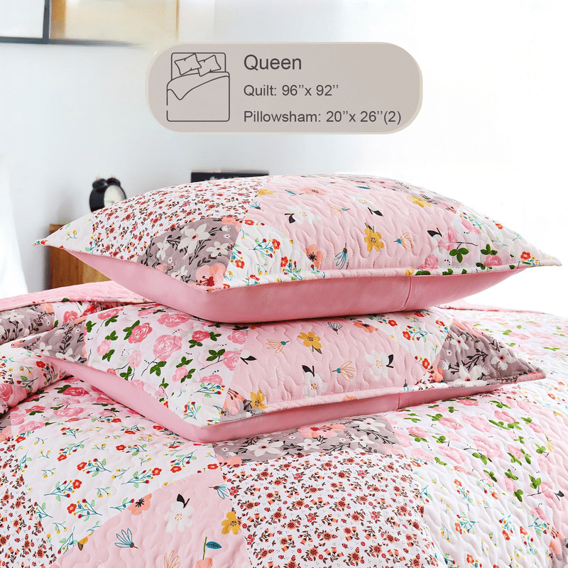 Whale Flotilla Reversible Patchwork Quilt Set Queen Size, Lightweight Boho Printed Bedspreads Coverlets Quilts Bedding Set with 2 Pillow Shams for All Seasons, Pink