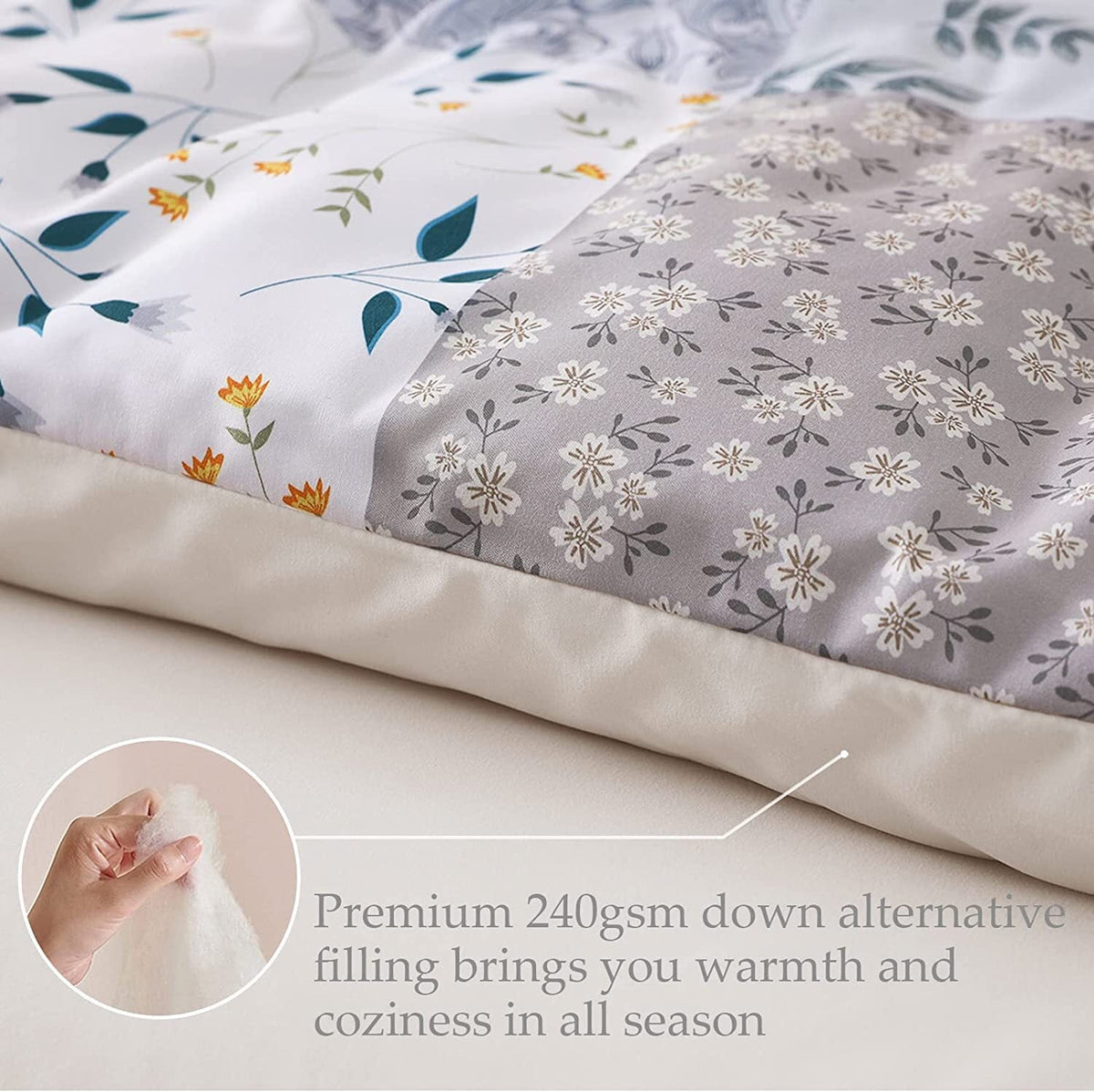 Whale Flotilla 3-Piece Queen Comforter Set, Soft Reversible Bedding Comforter Sets, Patchwork Printed Down Alternative Comforter Duvet for All Seasons, Grey
