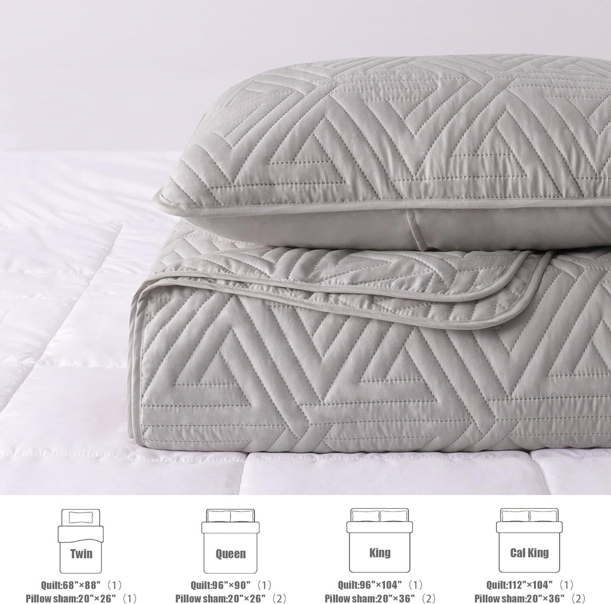 Whale Flotilla 3-Piece King Size Quilt Set for All Season, Classic Geometric Pattern Bedding Set with 2 Pillow Shams, Soft and Lightweight, Light Grey