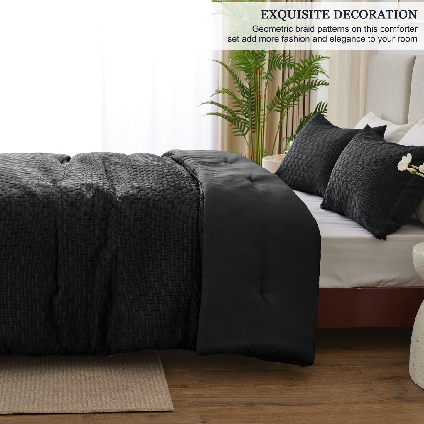 Whale Flotilla 3-Piece Jacquard Braid Ultra Soft Queen Comforter Set, Luxury Reversible Microfiber Comforters Full Size Bedding Set with 2 Pillowcases, Lightweight Duvet for All Seasons, Black