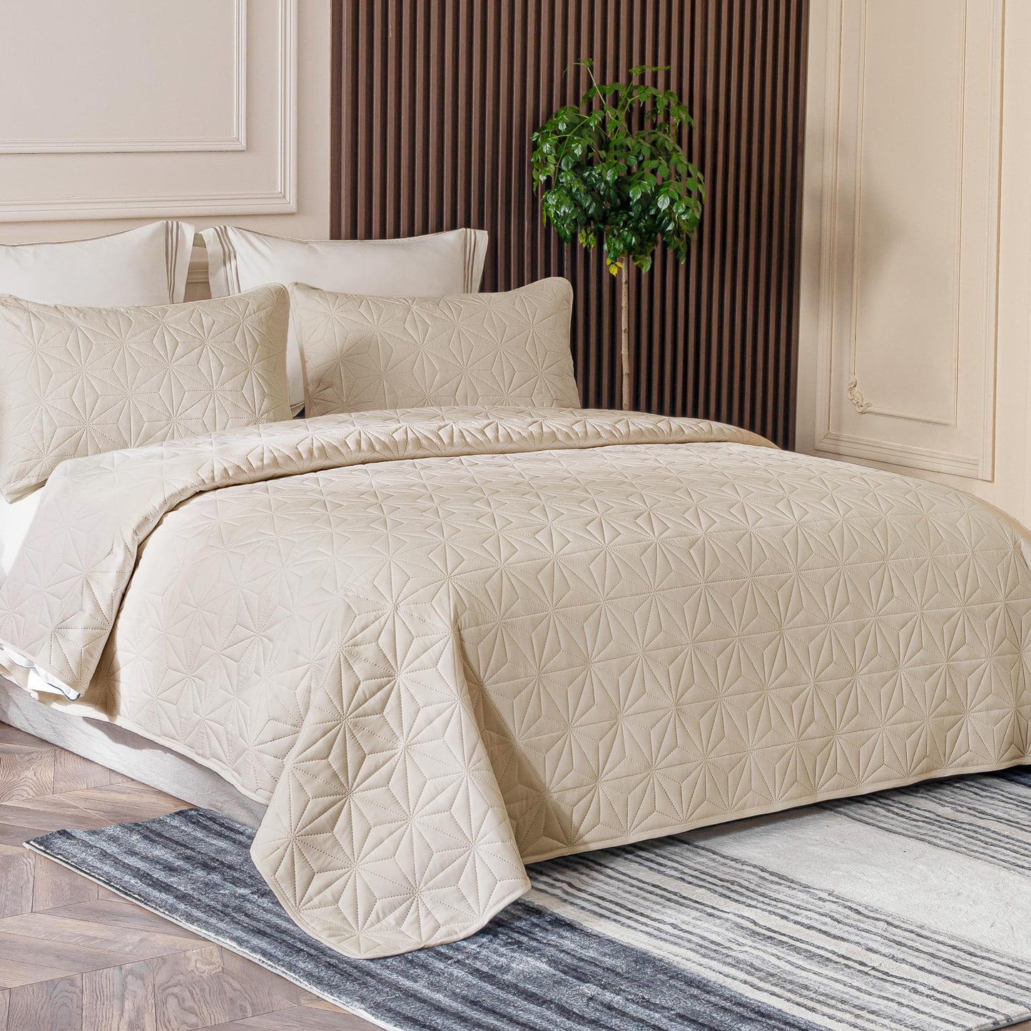 Whale Flotilla Microfiber King Size (96x104 inches) Quilt Set Lightweight Quilted Bedspreads Coverlets Set with Stars Pattern, Brich Beige, 3 Piece (1 Quilt, 2 Shams)