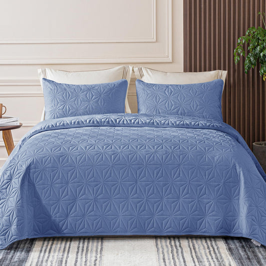 Whale Flotilla California King Quilt Bedding Set, Soft Bluish Grey Oversized Bedspreads Quilts Cal King Size for All Seasons, 3 Pieces Lightweight Geometric Star Pattern Coverlet