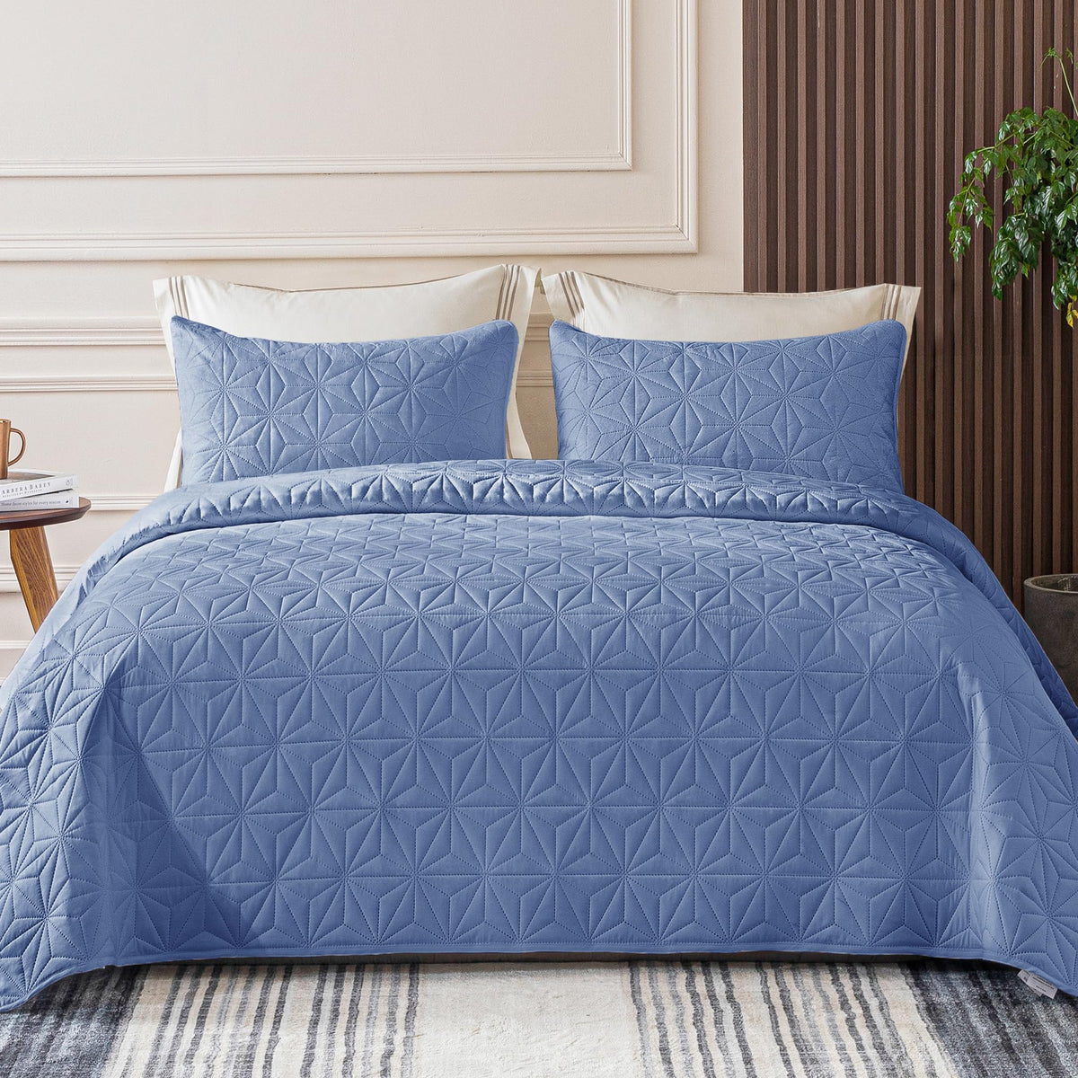 Whale Flotilla Twin Quilt Bedding Set, Soft Bluish Grey Bedspreads Quilts Twin XL Size for All Seasons, 2 Pieces Lightweight Geometric Star Pattern Coverlet