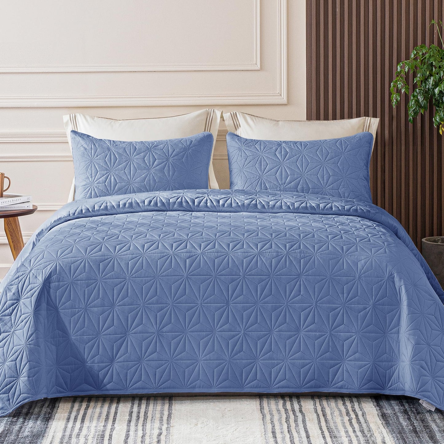 Whale Flotilla Queen Quilt Bedding Set, Soft Bluish Grey Bedspreads Quilts Queen Full Size for All Seasons, 3 Pieces Lightweight Geometric Star Pattern Coverlet