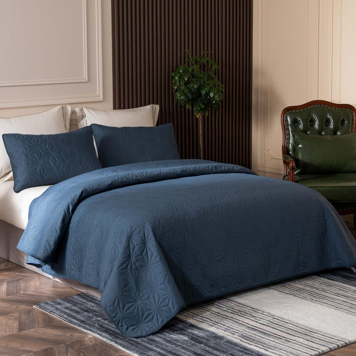 Whale Flotilla Microfiber Twin Size (68x88 inches) Quilt Set Lightweight Quilted Bedspreads Coverlets Set with Stars Pattern, Navy, 2 Piece (1 Quilt, 1 Sham)