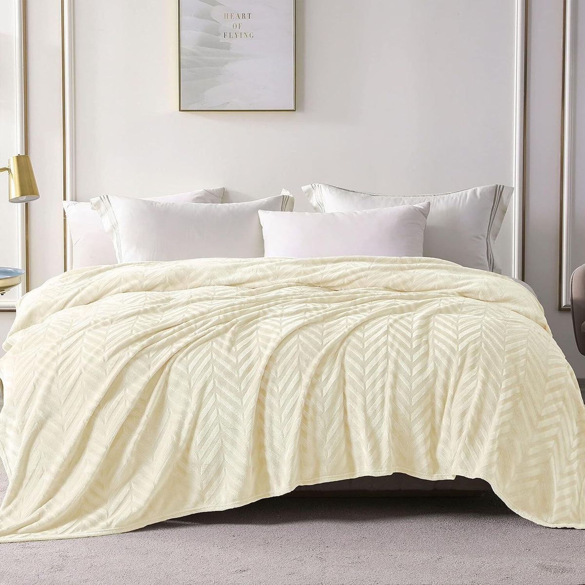 Whale Flotilla Flannel Fleece Twin Size 60x80 Inch Bed Blanket, Soft Velvet Lightweight Bedspread Plush Fluffy Coverlet Chevron Design Decorative Blanket for All Season, Ivory