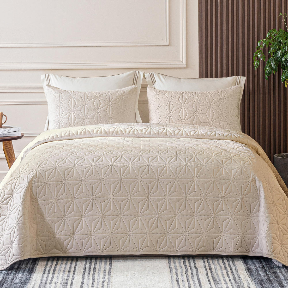 Whale Flotilla Microfiber King Size (96x104 inches) Quilt Set Lightweight Quilted Bedspreads Coverlets Set with Stars Pattern, Brich Beige, 3 Piece (1 Quilt, 2 Shams)