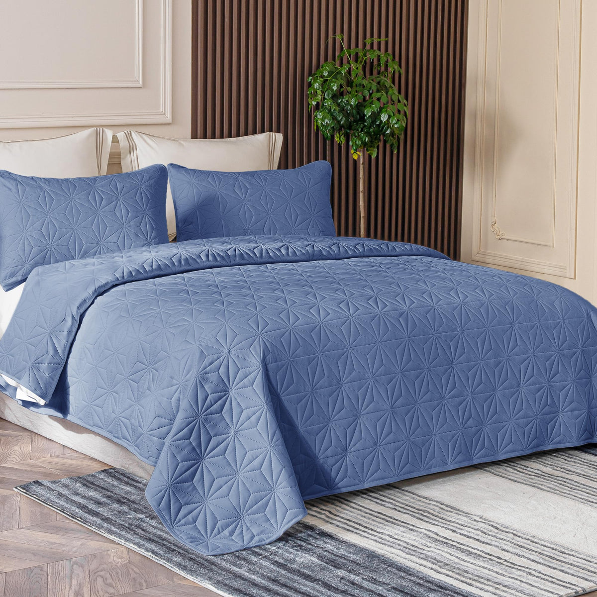 Whale Flotilla California King Quilt Bedding Set, Soft Bluish Grey Oversized Bedspreads Quilts Cal King Size for All Seasons, 3 Pieces Lightweight Geometric Star Pattern Coverlet
