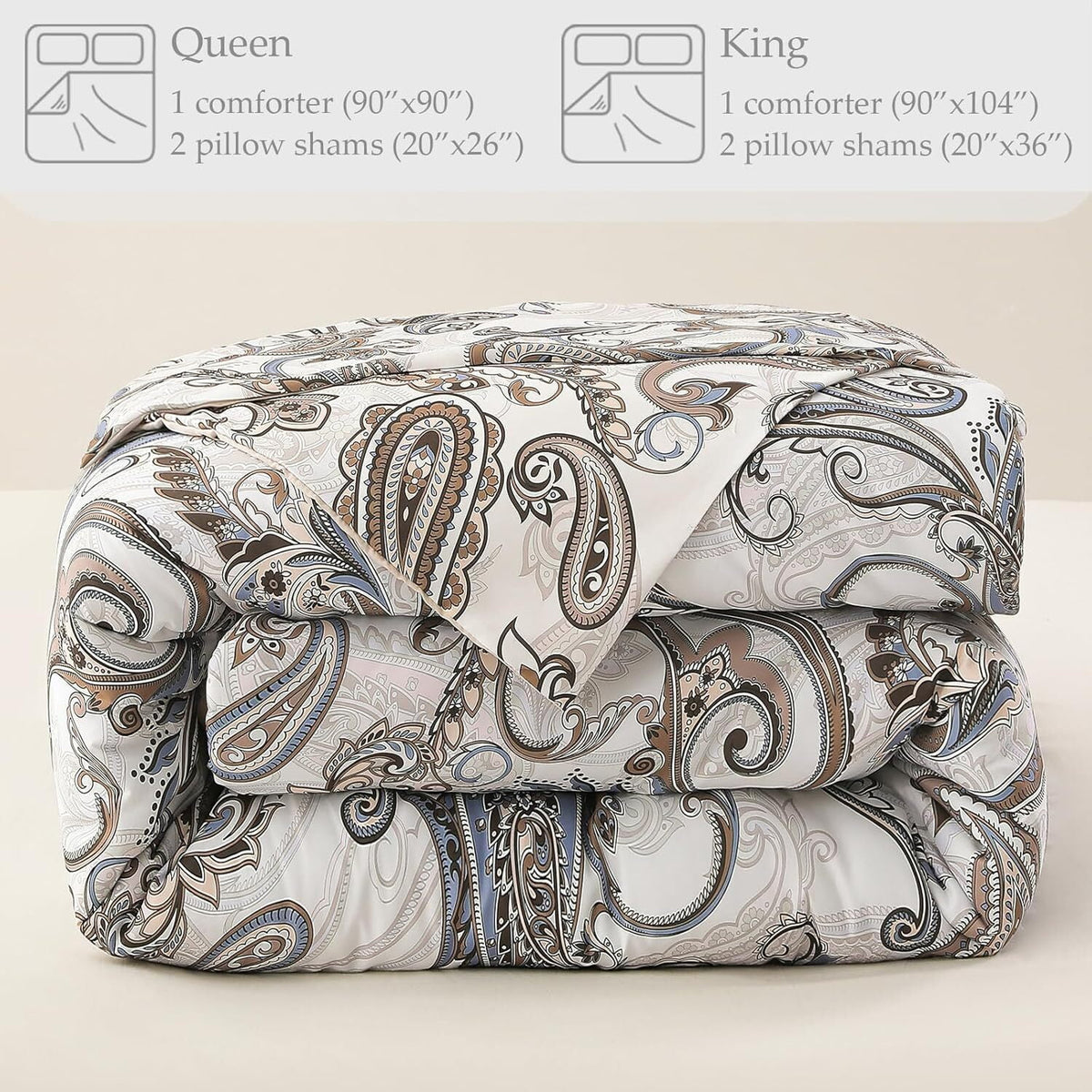 Whale Flotilla 3-Piece Queen Comforter Set, Soft Reversible Bedding Comforter Sets, Paisley Printed Down Alternative Comforter Duvet for All Seasons, Beige