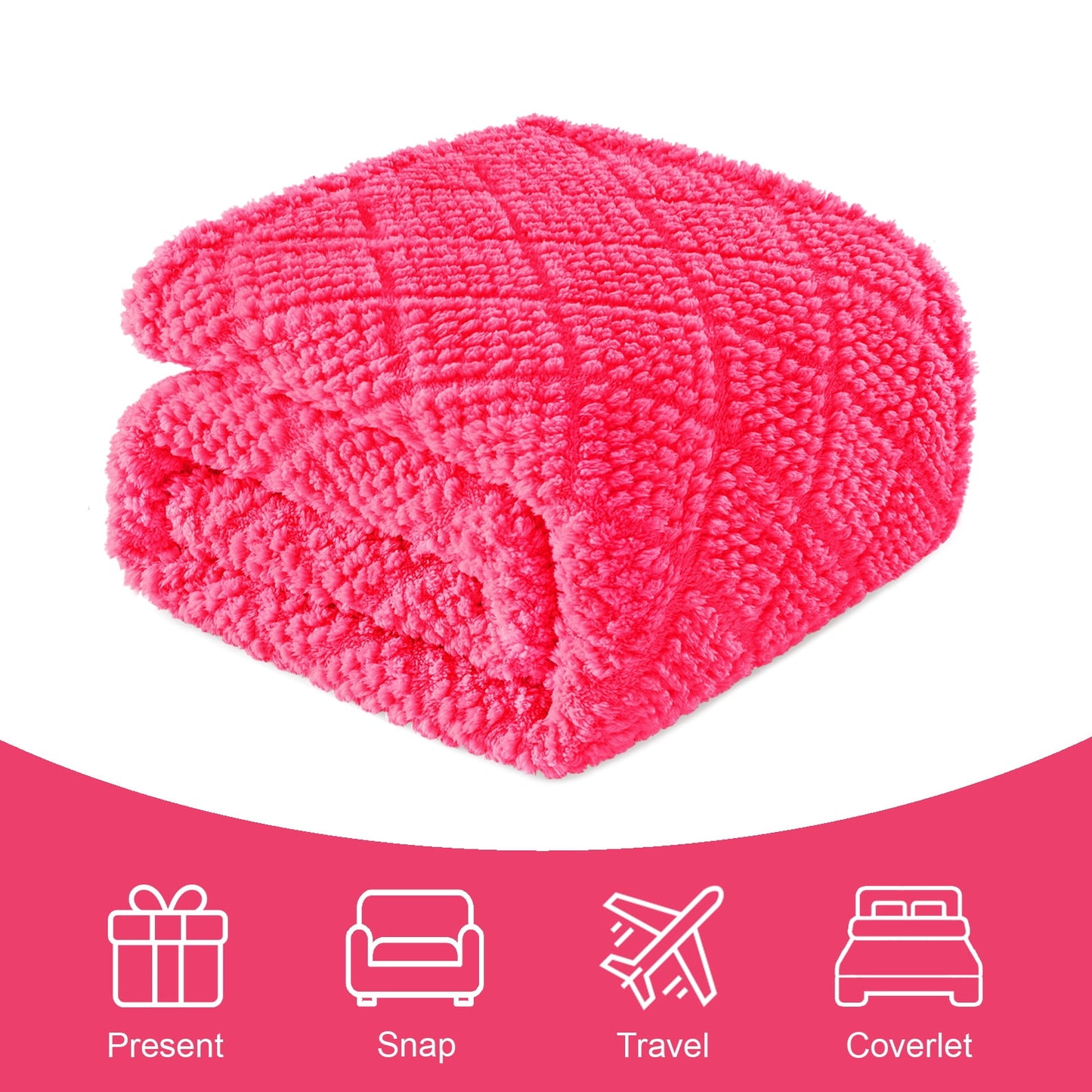 Whale Flotilla Fuzzy Fleece Queen Size Blanket for Bed, Soft Fluffy Jacquard Waffle Blankets for All Season, Lightweight and Warm, 90x90 Inch, Hot Pink