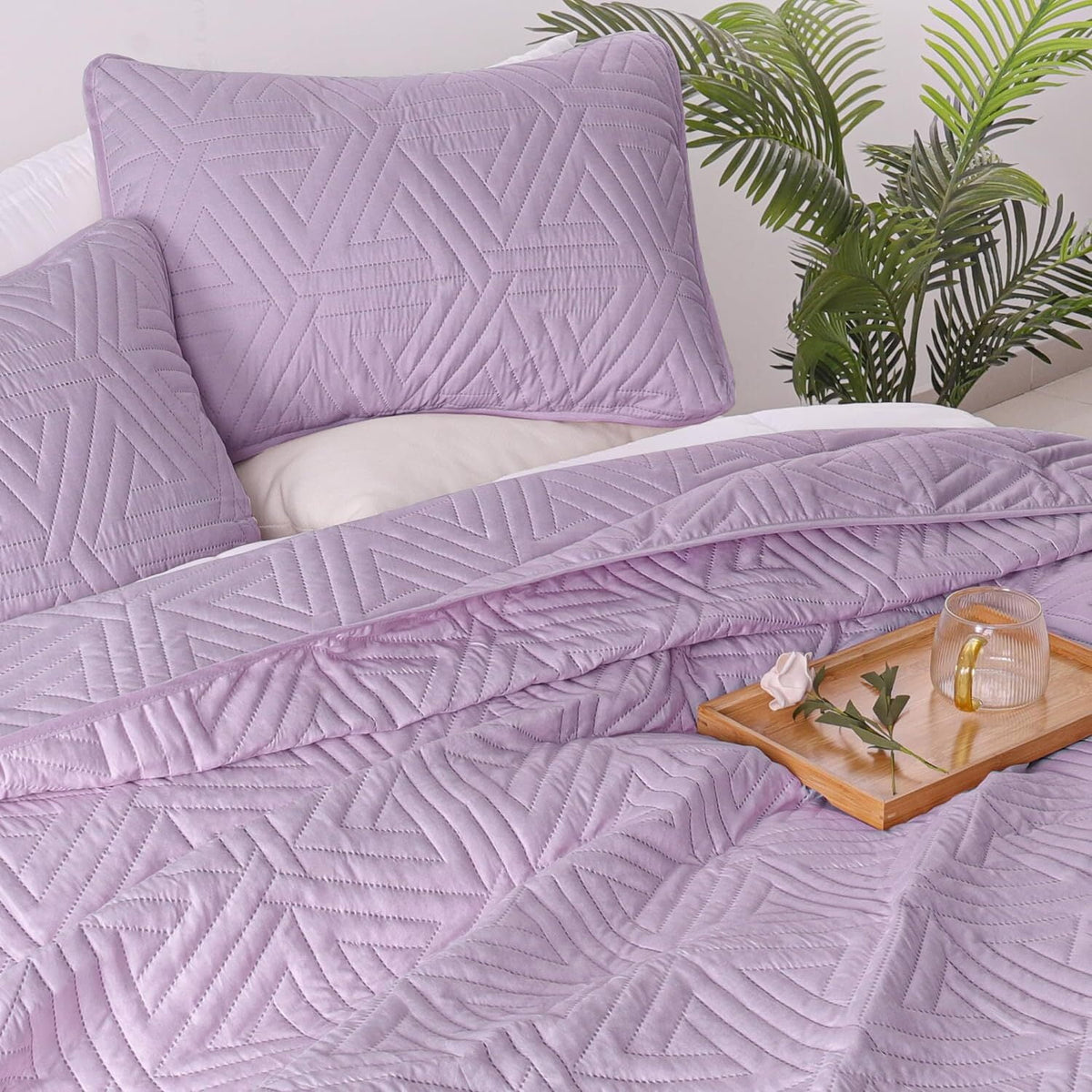 Whale Flotilla 3-Piece Queen Size Quilt Set for All Season, Classic Geometric Pattern Bedding Set with 2 Pillow Shams, Soft and Lightweight, Light Purple