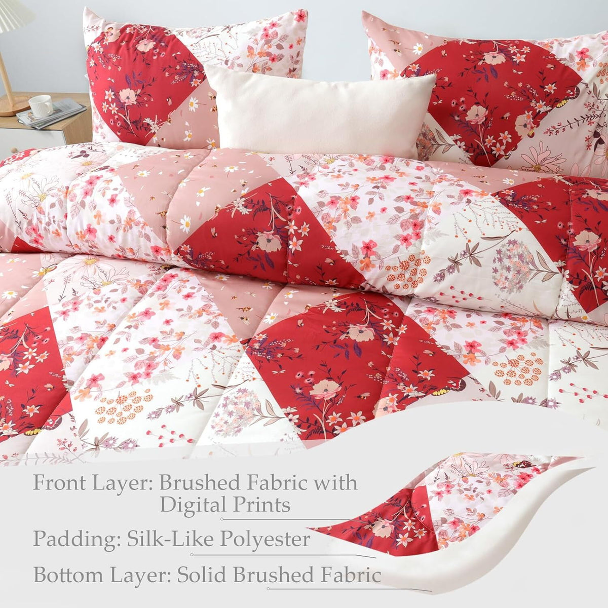 Whale Flotilla 3-Piece Queen Comforter Set, Soft Reversible Bedding Comforter Sets, Patchwork Printed Down Alternative Comforter Duvet for All Seasons, Red