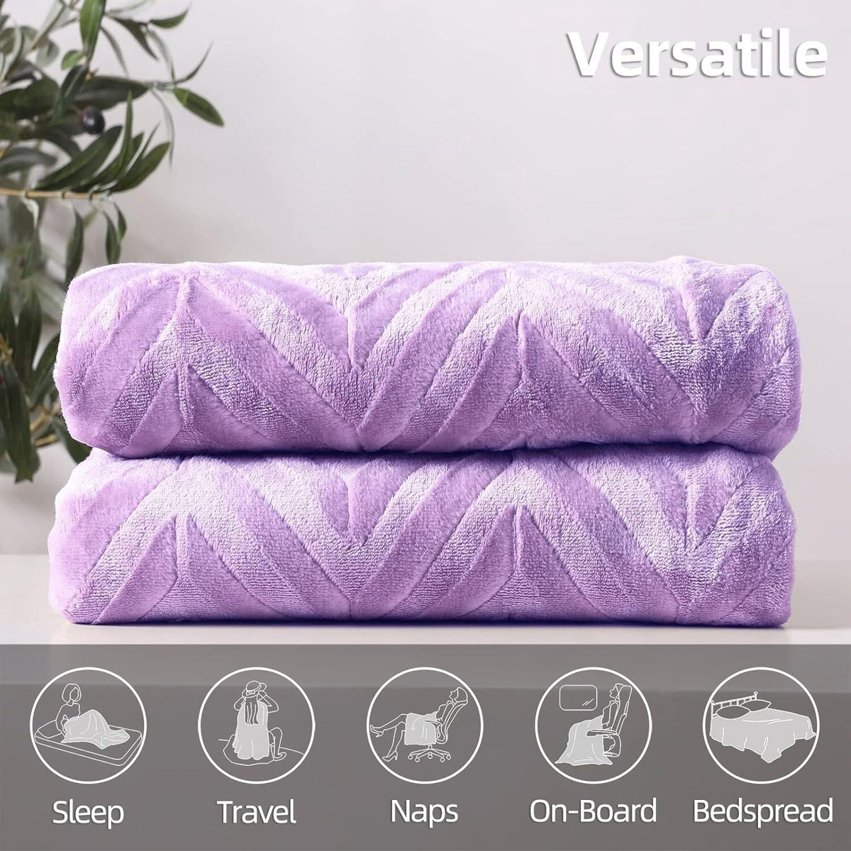 Whale Flotilla Flannel Fleece Queen Size 90x90 Inch Bed Blanket, Soft Velvet Lightweight Bedspread Plush Fluffy Coverlet Chevron Design Decorative Blanket for All Season, Lilac