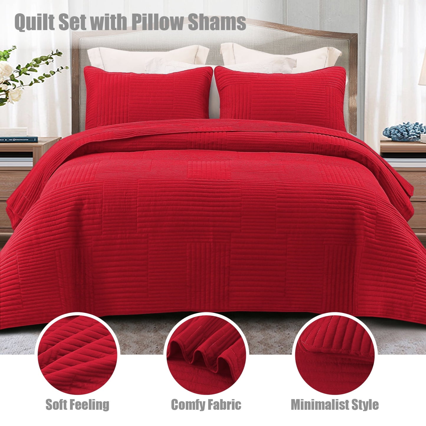 Whale Flotilla King Quilt Set, Soft and Lightweight Bedspreads Coverlet with Striped Pattern, Reversible Bedding Sets with Pillow Shams, 96x104 Inches, Red