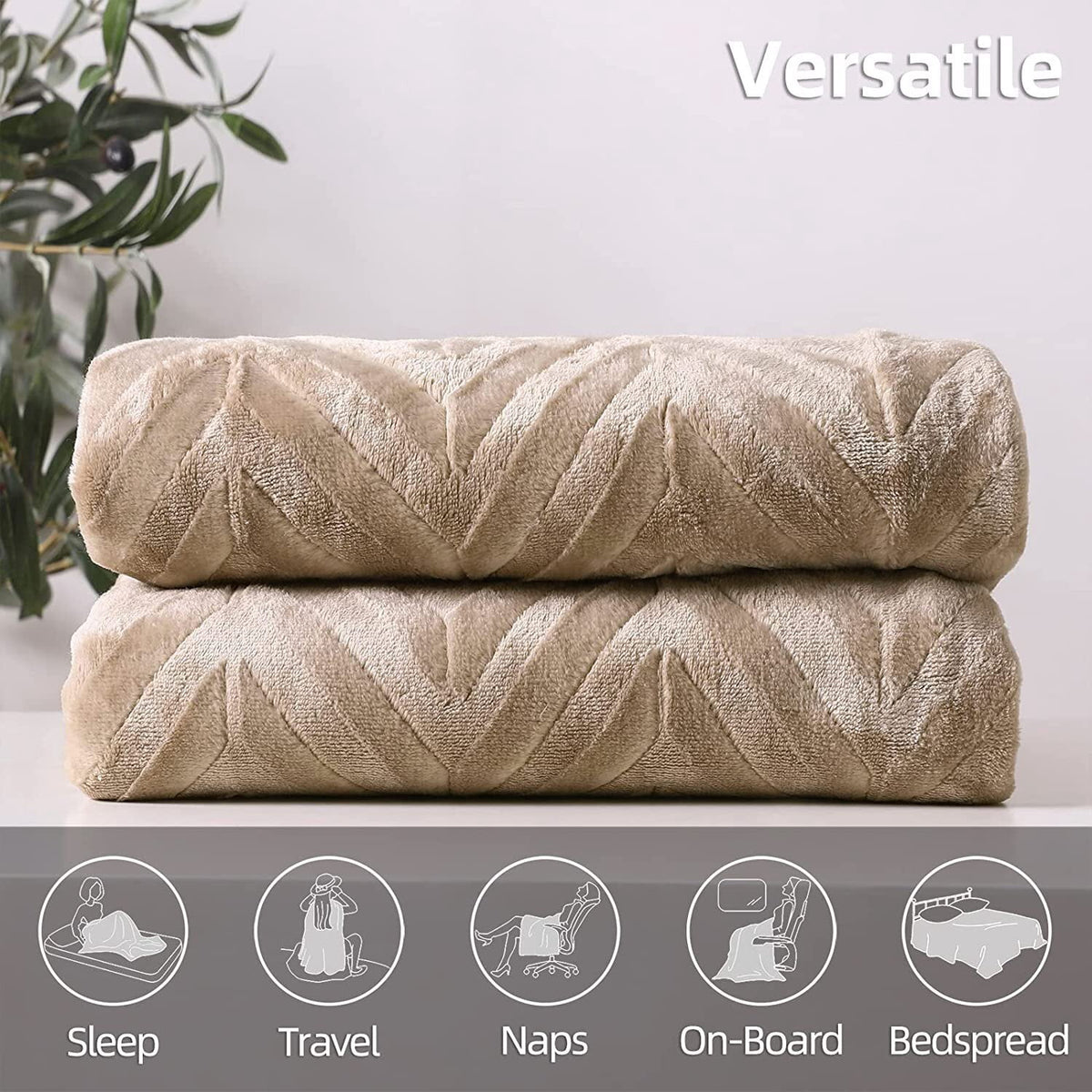 Whale Flotilla Flannel Fleece Twin-XL Size 90x66 Inch Bed Blanket, Soft Velvet Lightweight Bedspread Plush Fluffy Coverlet Chevron Design Decorative Blanket for All Season, Champagne