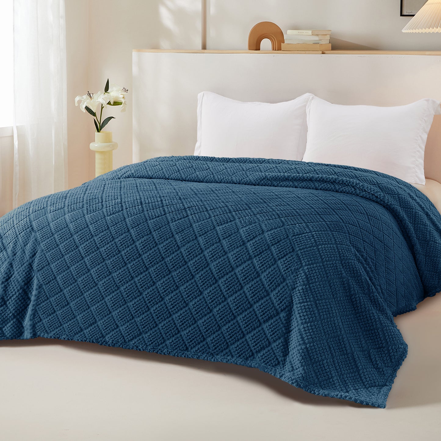 Whale Flotilla Fuzzy Fleece Twin Size Blanket for Bed, Soft Fluffy Jacquard Waffle Blankets for All Season, Lightweight and Warm, 60x80 Inch, Navy Blue