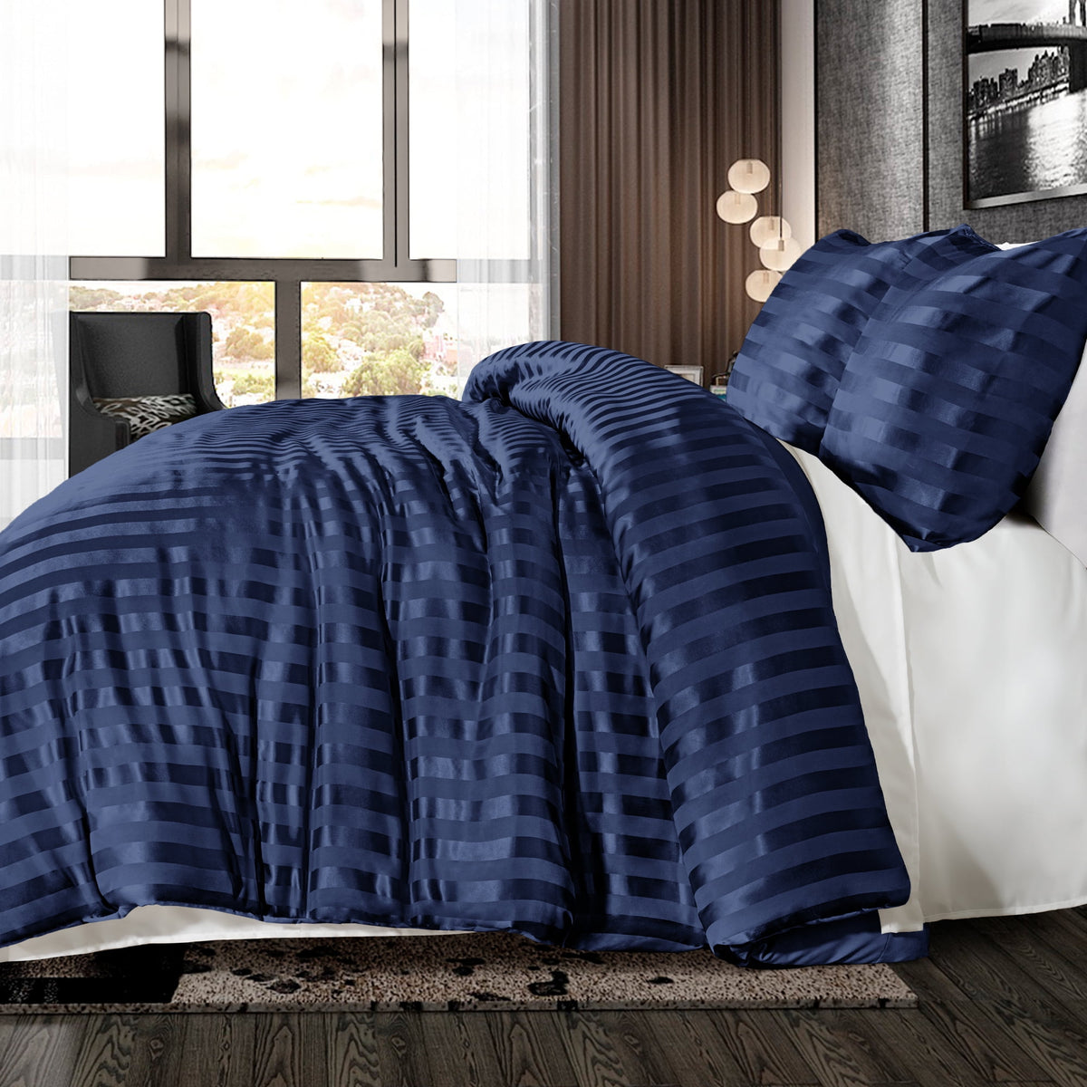 Whale Flotilla Twin Comforter Set 2-Piece Navy Satin Stripe Bedding, Lightweight All-Season Reversible Soft Bedding Set with 1 Pillowcase