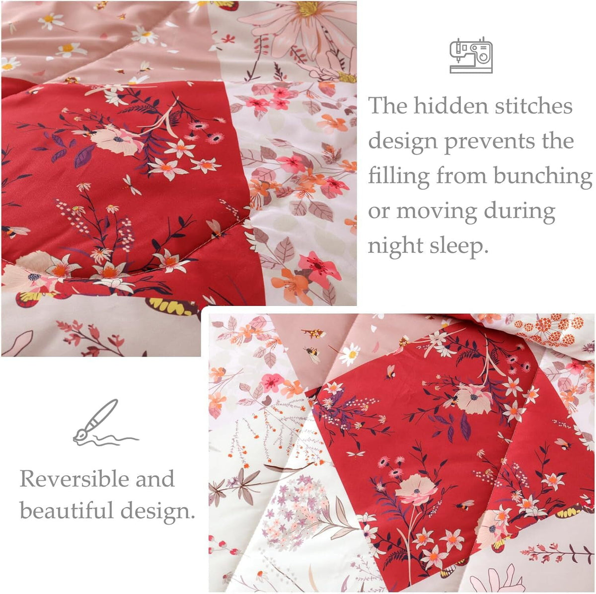 Whale Flotilla 3-Piece Queen Comforter Set, Soft Reversible Bedding Comforter Sets, Patchwork Printed Down Alternative Comforter Duvet for All Seasons, Red
