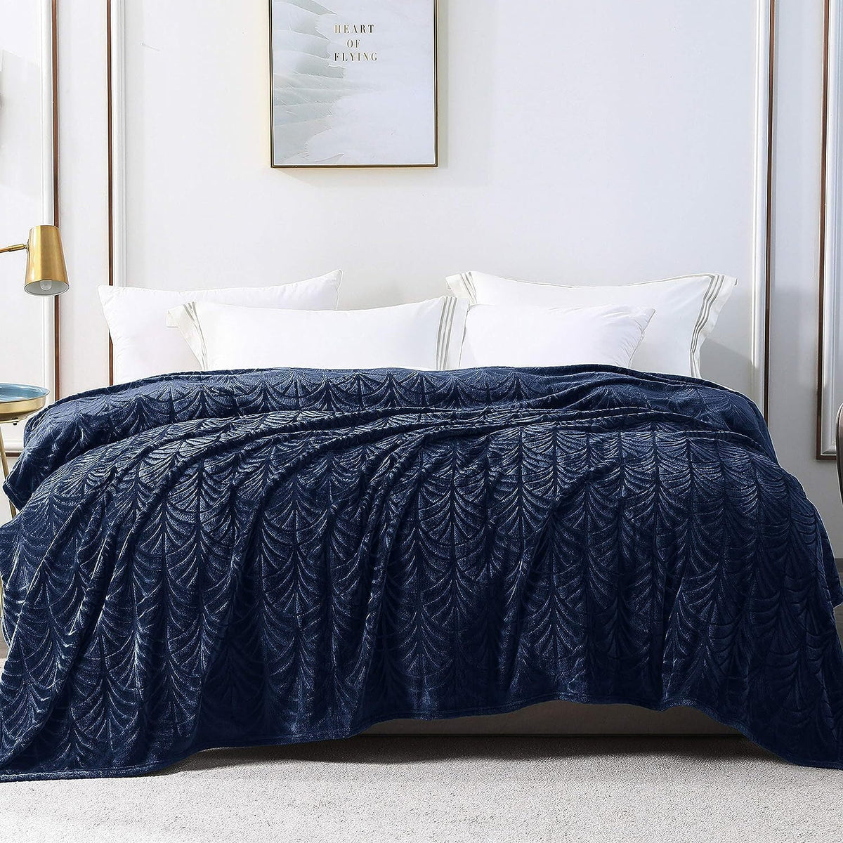 Whale Flotilla Flannel Fleece 90x66 Inch Twin-XL Size Blanket for Bed, Soft Fluffy Velvet Bedspread Coverlet with Decorative Vintage Pattern for All Season, Warm and Lightweight, Navy Blue