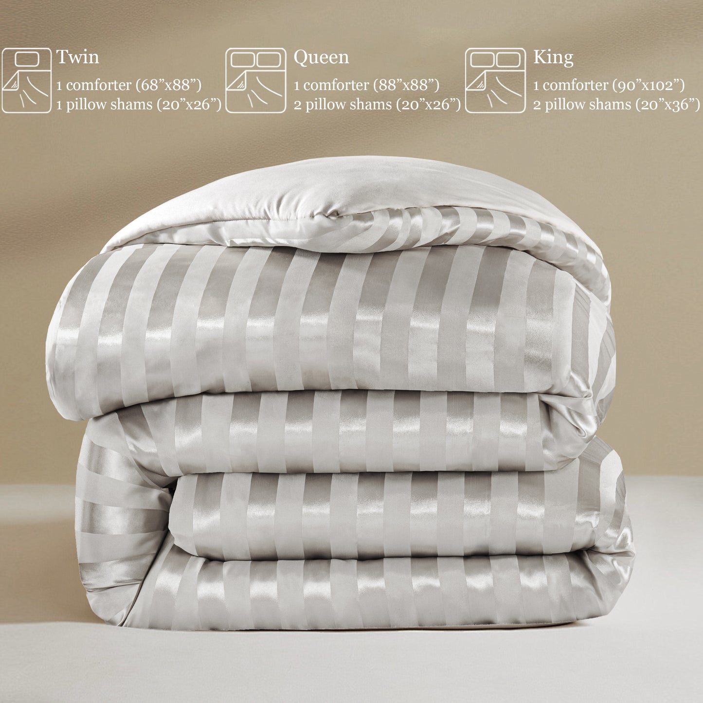 Whale Flotilla 3-Piece Reversible Silky Soft King Size Comforter Set, Luxury Stripe Satin Oversized Comforter Bedding Set with 2 Satin Pillowcases, Lightweight Duvet for All Seasons, Grey