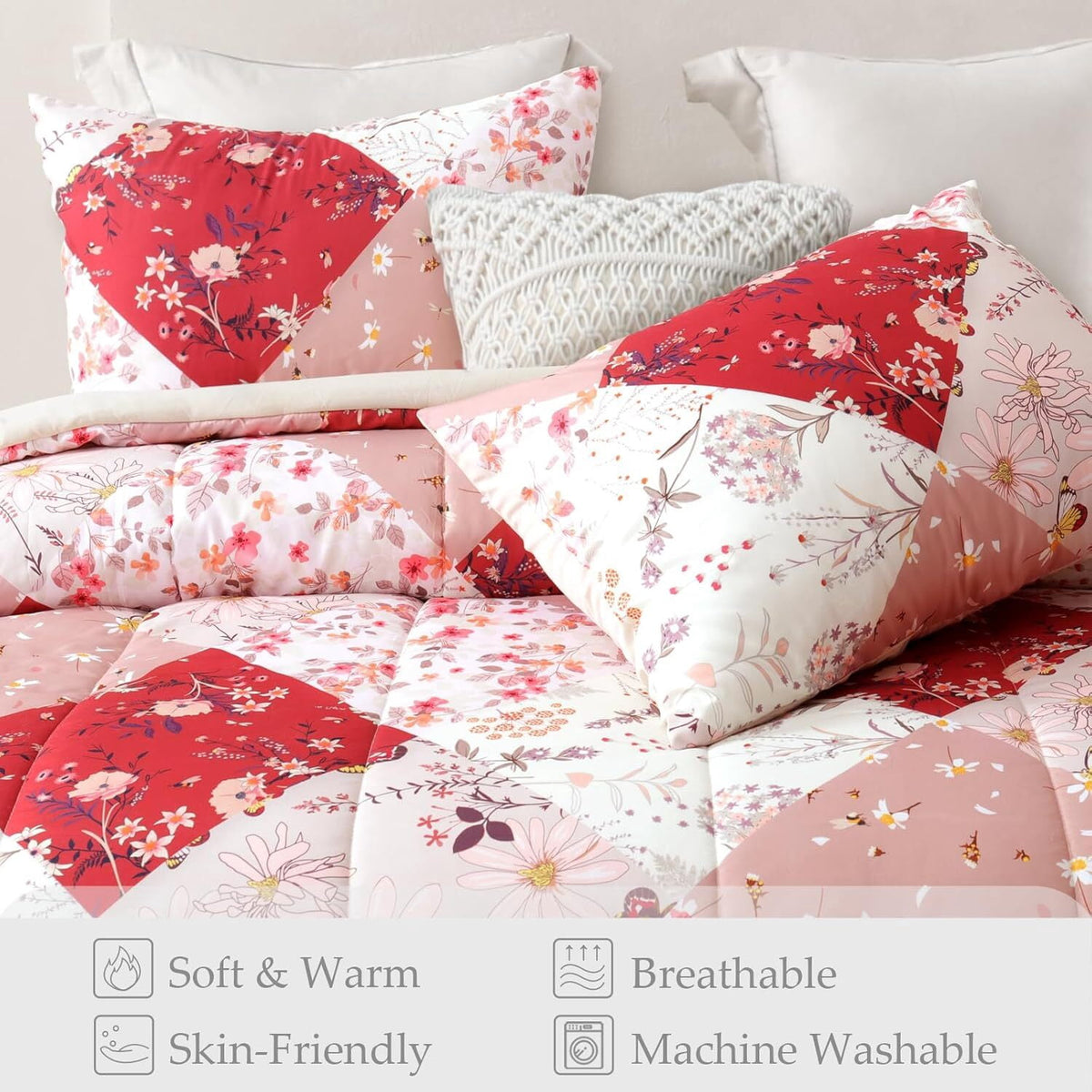 Whale Flotilla 3-Piece Queen Comforter Set, Soft Reversible Bedding Comforter Sets, Patchwork Printed Down Alternative Comforter Duvet for All Seasons, Red