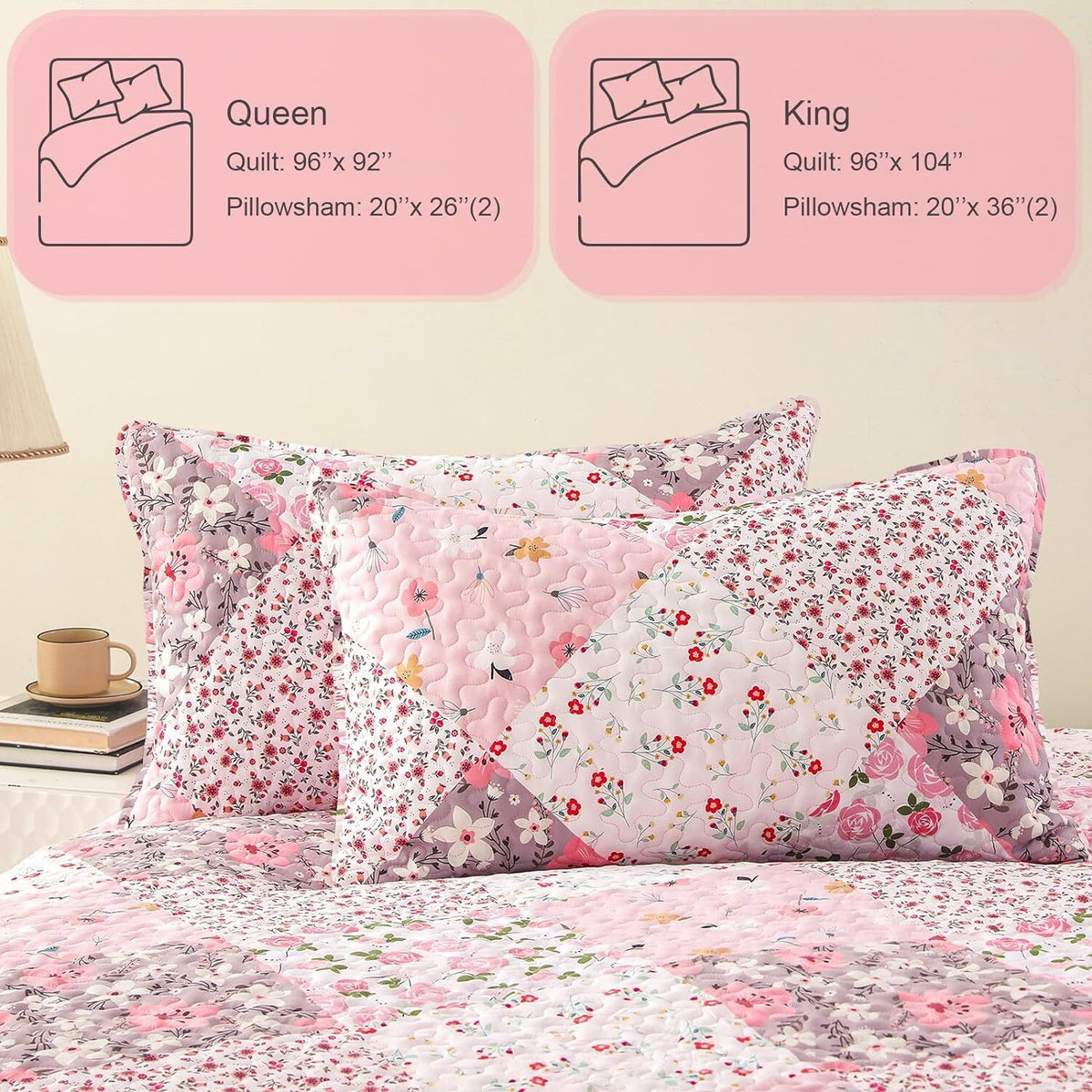 Whale Flotilla Reversible Patchwork Quilts Twin Size, Lightweight Boho Printed Bedspreads Coverlets Quilt Bedding Set with 1 Pillow Sham for All Seasons, Pink