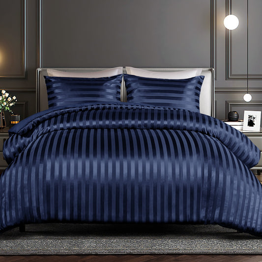 Whale Flotilla 2-Piece Reversible Silky Soft Twin Size Comforter Set, Luxury Stripe Satin Comforter Bedding Set with Satin Pillowcase, Lightweight Duvet for All Seasons, Navy