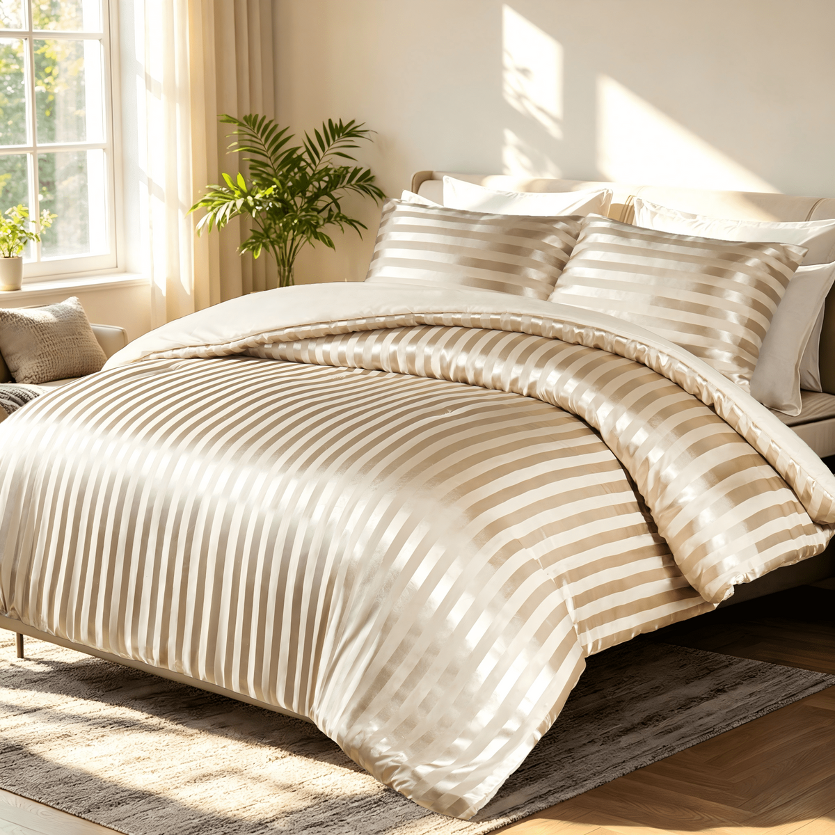 Whale Flotilla Twin Comforter Set 2-Piece Champagne Satin Stripe Bedding, Lightweight All-Season Reversible Soft Bedding Set with 1 Pillowcase