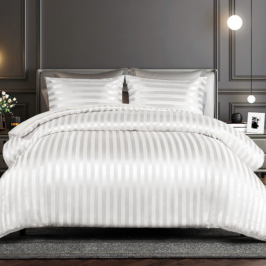 Whale Flotilla 2-Piece Reversible Silky Soft Twin Size Comforter Set, Luxury Stripe Satin Comforter Bedding Set with Satin Pillowcase, Lightweight Duvet for All Seasons, White