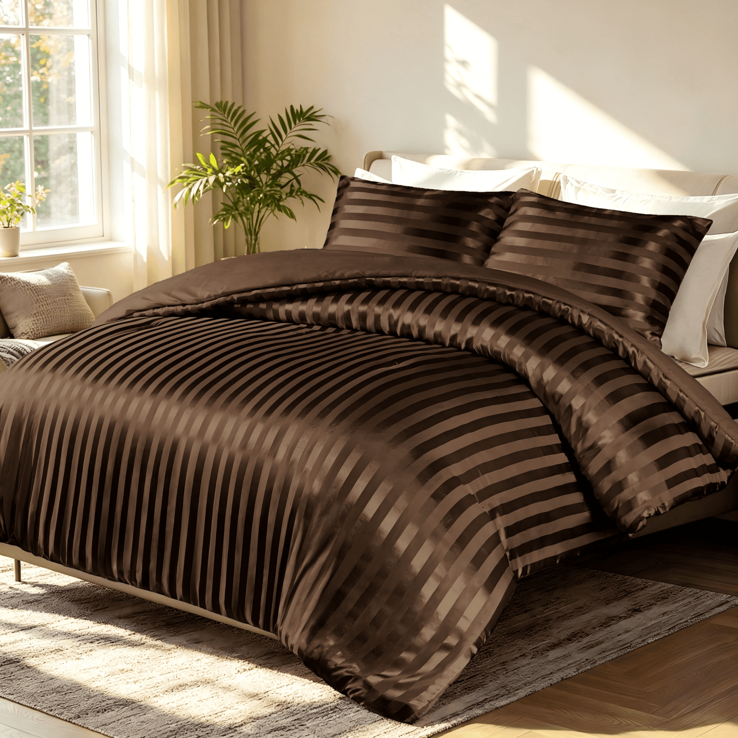 Whale Flotilla Twin Comforter Set 2-Piece Brown Satin Stripe Bedding, Lightweight All-Season Reversible Soft Bedding Set with 1 Pillowcase